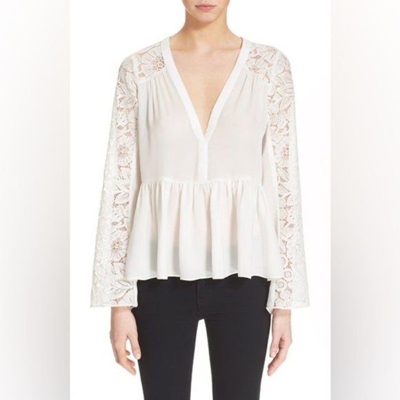 NWT ELIZABETH AND JAMES LIJA LACE SILK V NECK BLOUSE SIZE XS IN IVORY - Picture 1 of 16